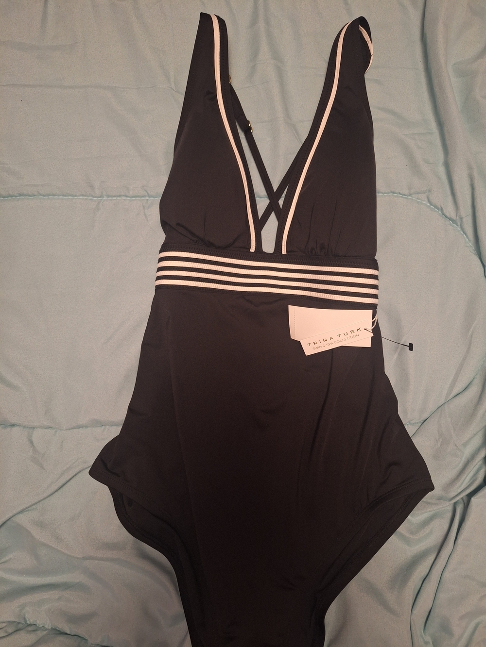 New With Tags! Sz 8 Trina Turk Black One-Piece with White Trim and Striped Waist